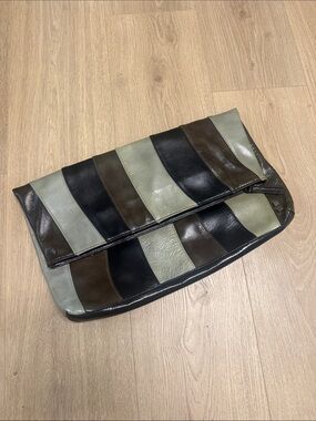 Vintage Helen Welsh Striped Leather Fold-Over Clutch in Black, Brown & Gray